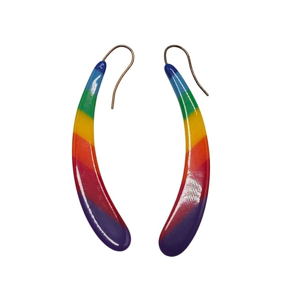 Rainbow Colored Resin Crescent Drop Earrings With Gold Tone Hooks LGBT+